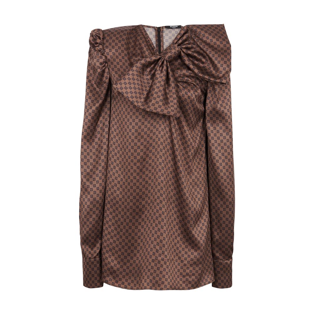 Balmain Short Dress With A Large Bow And Mini Monogram Print