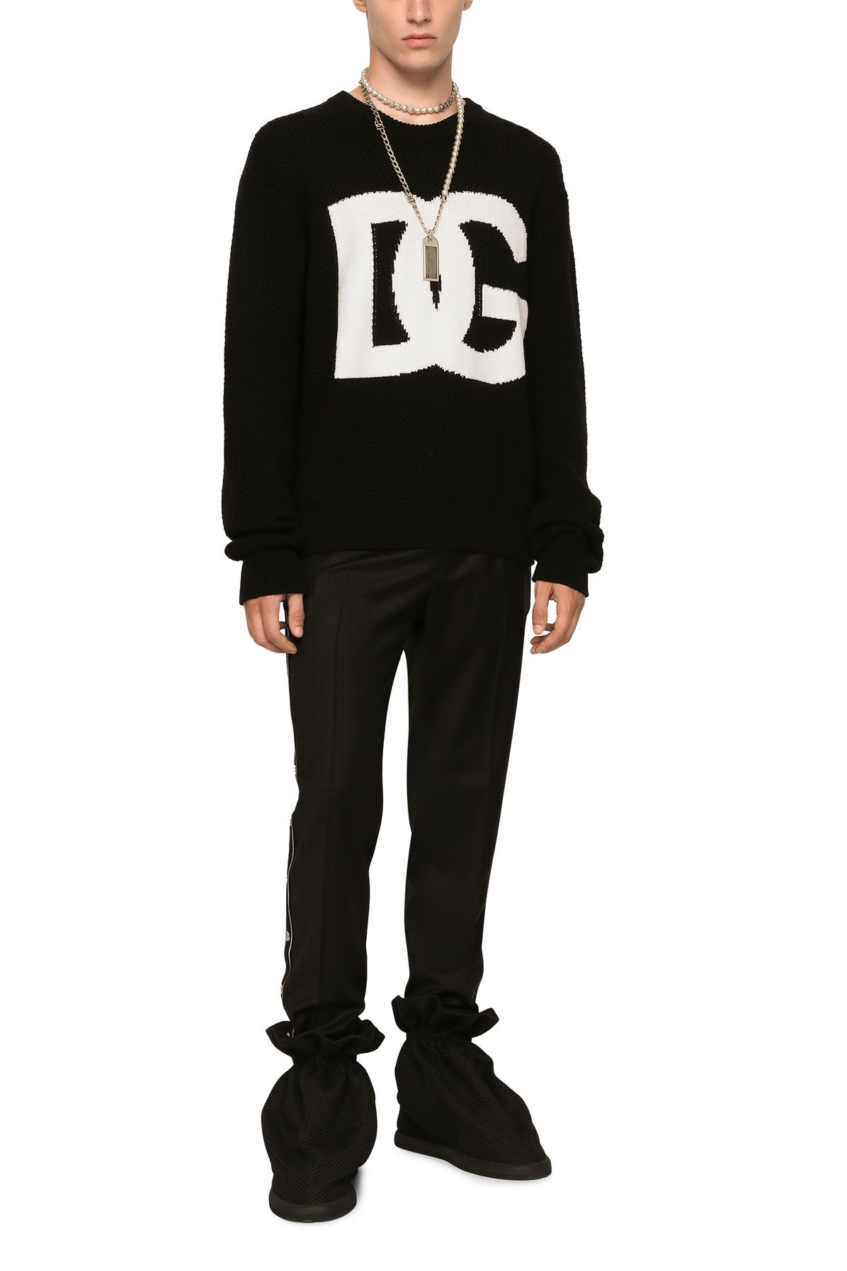 Dolce & Gabbana Round-neck wool sweater with DG logo inlay