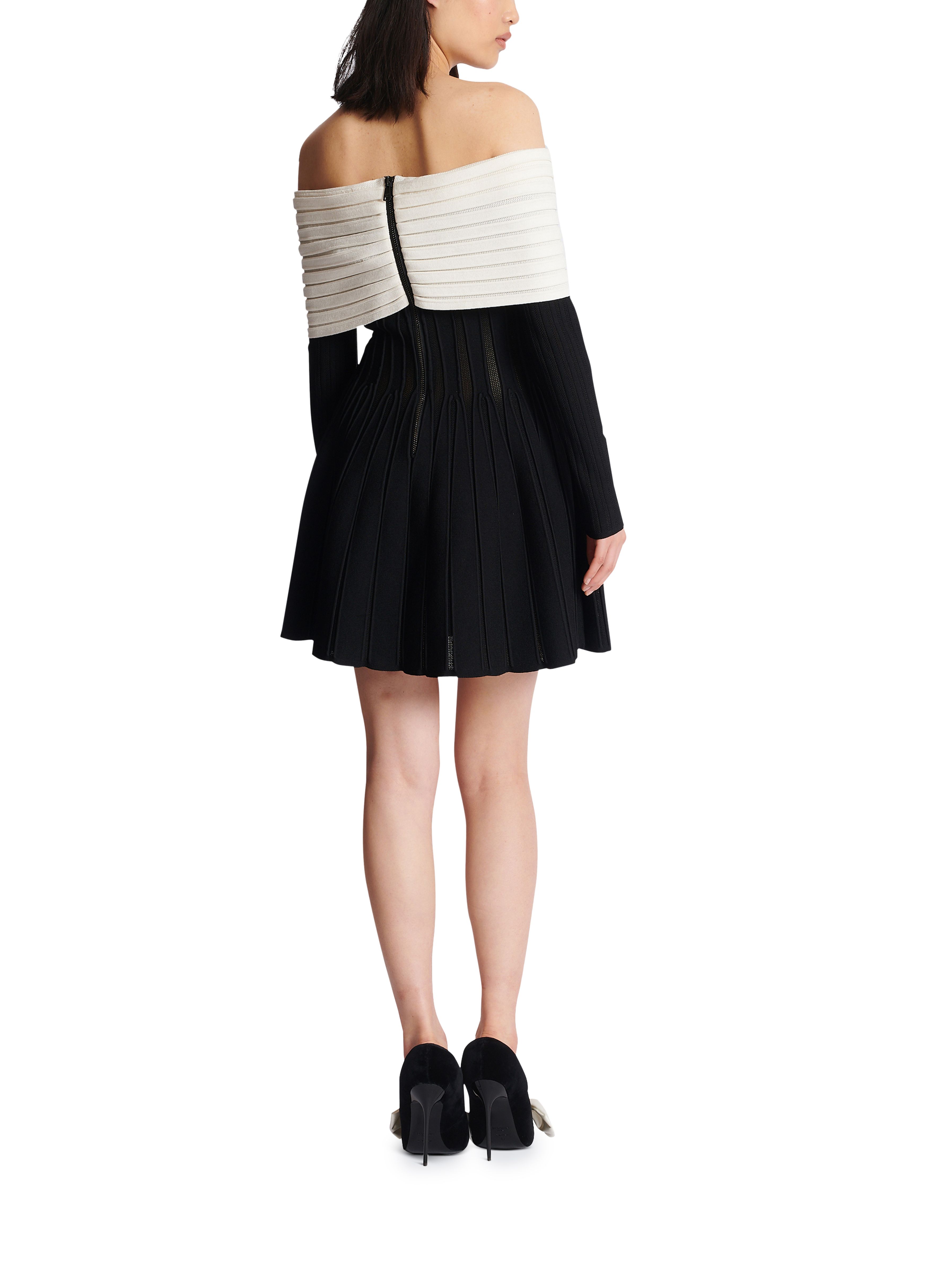 Balmain Off-The-Shoulder Skater Dress In A Textured Knit