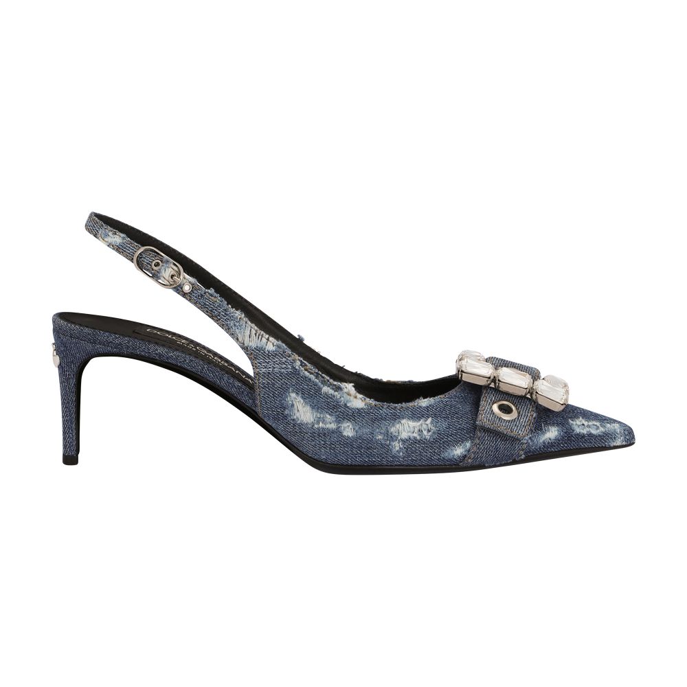 Dolce & Gabbana Patchwork denim slingbacks with rhinestone buckle