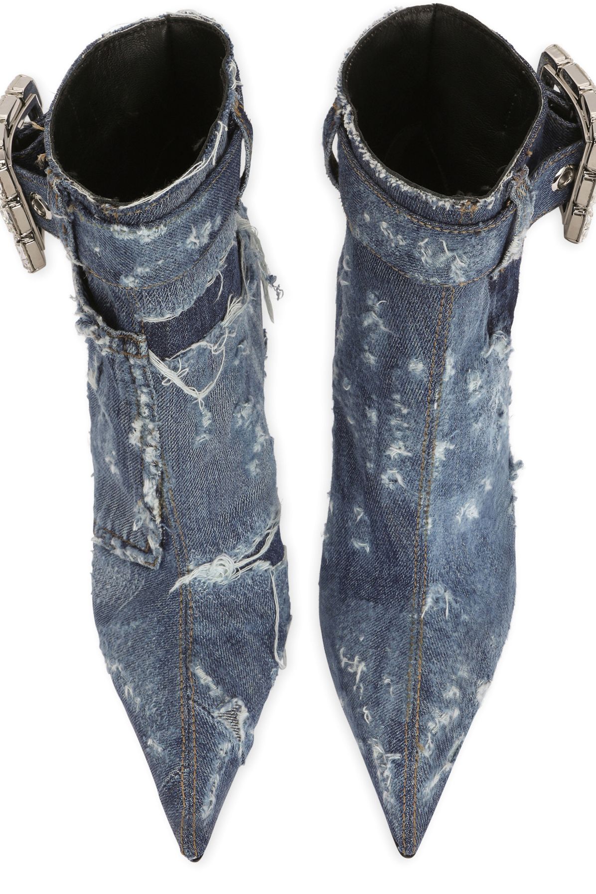 Dolce & Gabbana Patchwork denim ankle boots with rhinestone buckle