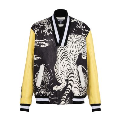 Balmain Tiger print leather varsity jacket