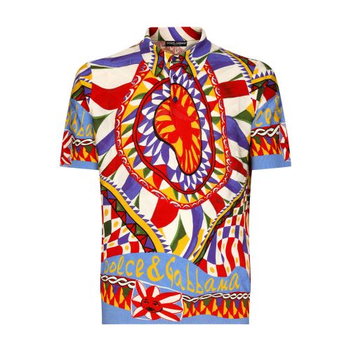 Dolce & Gabbana 3D Jacquard Silk Polo Shirt with Carretto Print