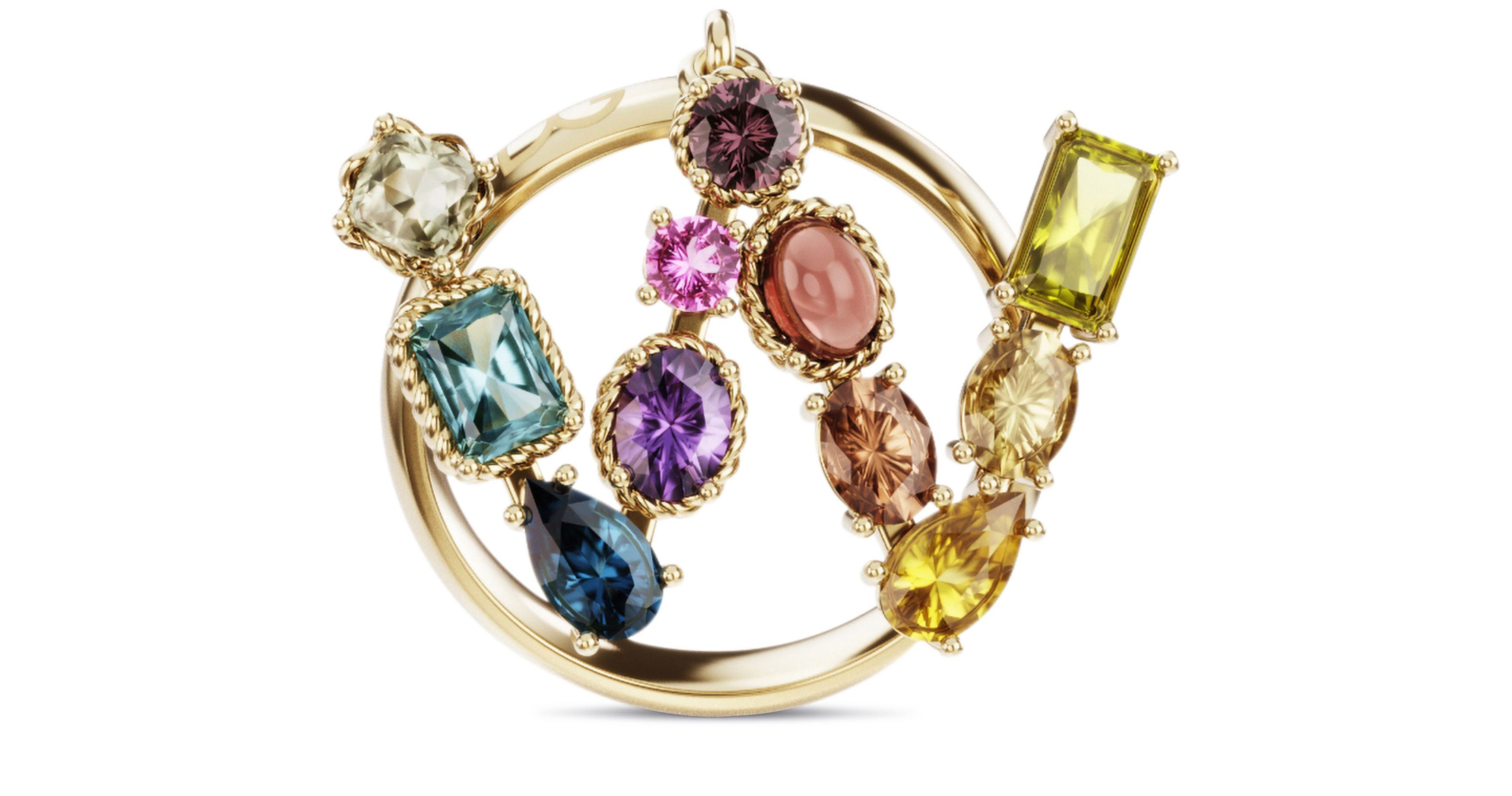 Dolce & Gabbana Rainbow alphabet W ring in yellow gold with multicolor fine gems