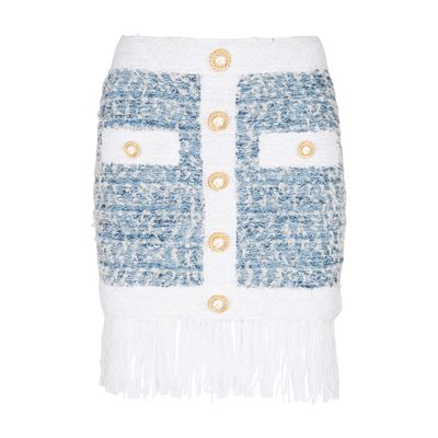 Balmain Fringed Denim Tweed Skirt