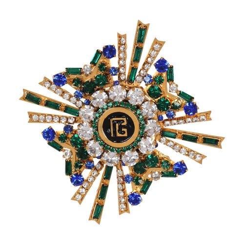 Balmain PB brooch in lacquer, brass and crystals