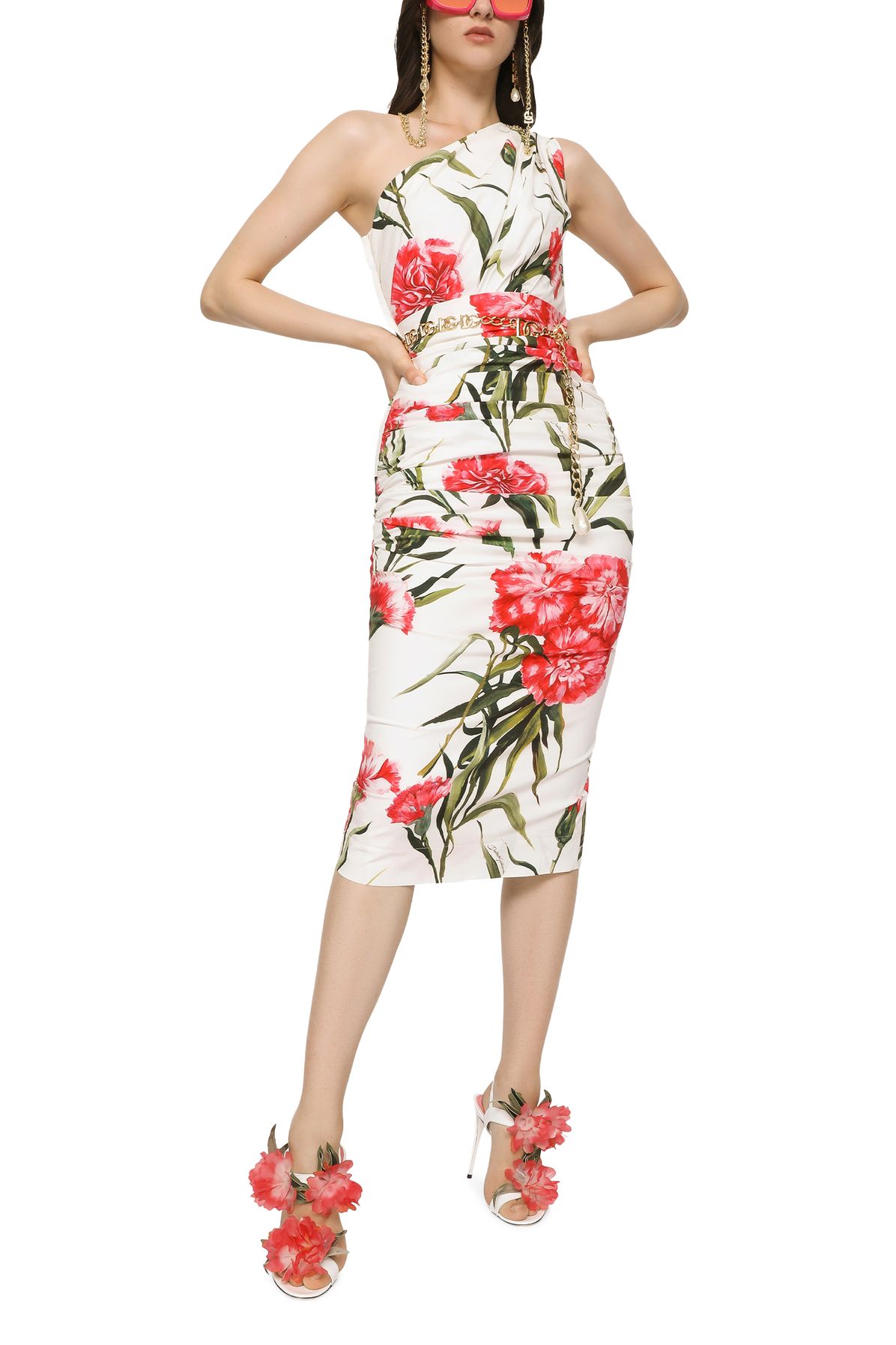 Dolce & Gabbana Carnation-print poplin one-shoulder dress