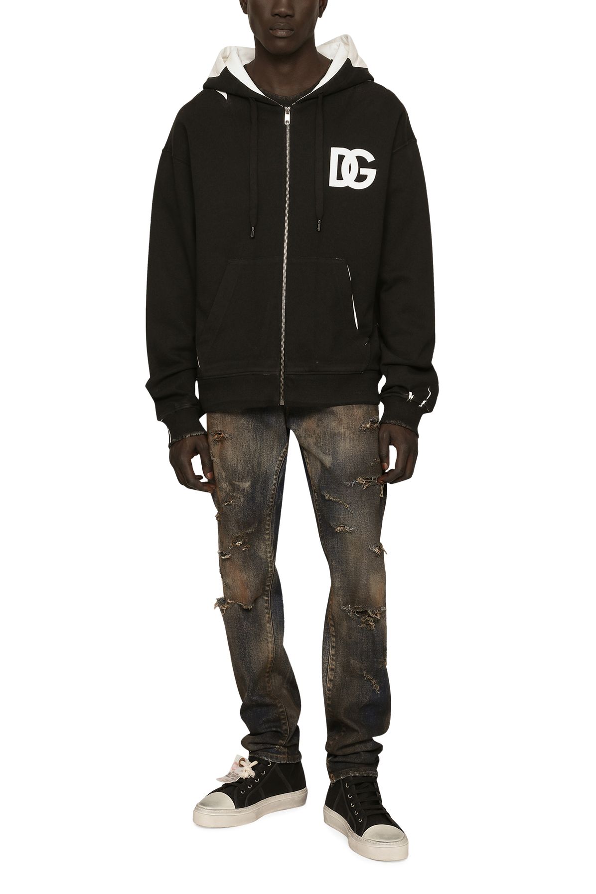 Dolce & Gabbana Hooded Jersey Sweatshirt with Zip and Logo Print