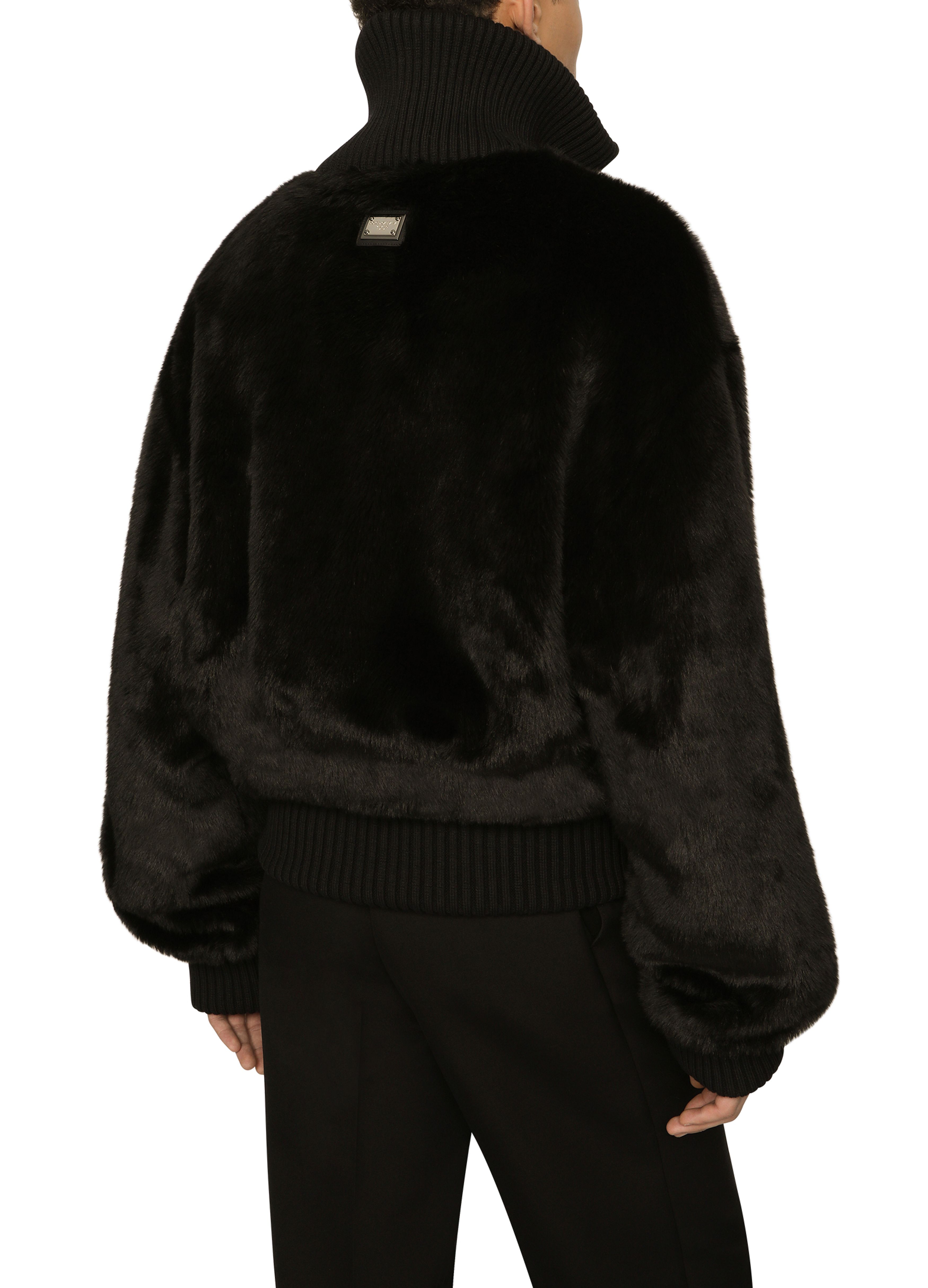 Dolce & Gabbana Faux Fur Jacket With Logo Plaque