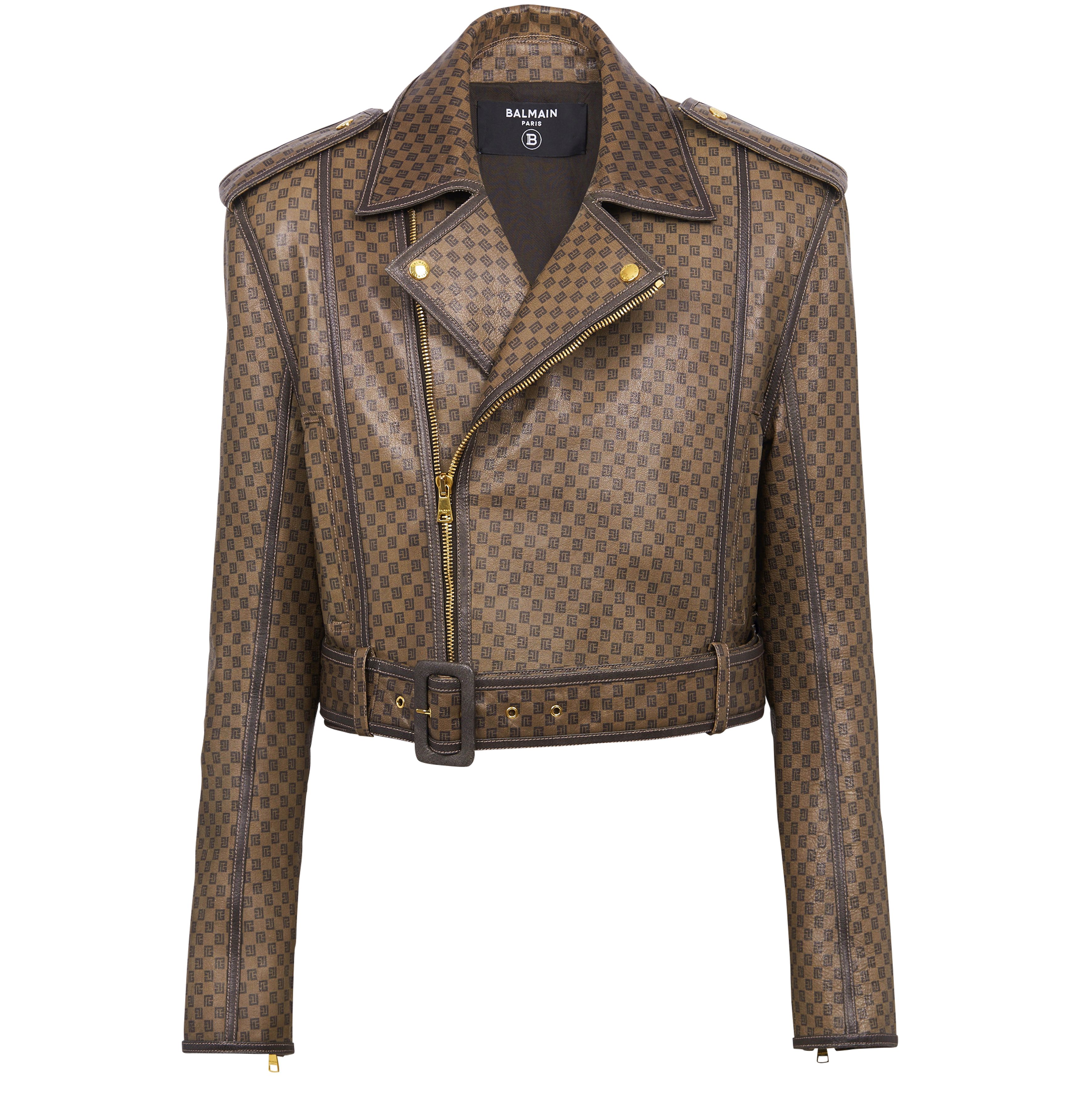 Balmain Leather Biker Jacket With Mini Monogram Print