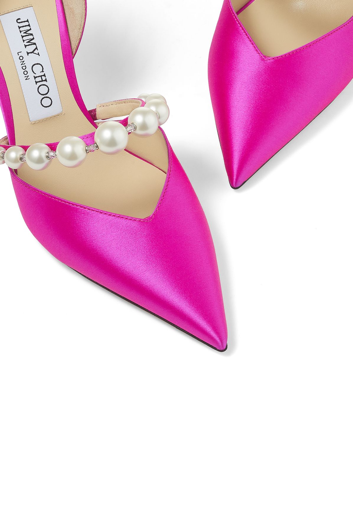 Jimmy Choo Aurelie 85 Fuchsia Satin Pumps with Pearl Embellishment