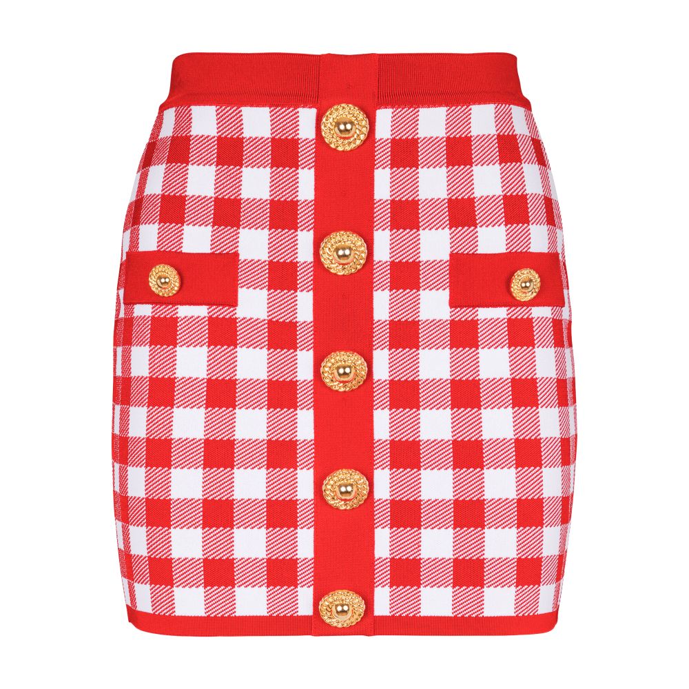 Balmain Fine-Gauge Knit Gingham Skirt