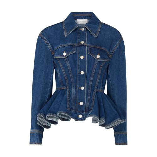 Alexander McQueen Belted denim jacket with ruffles