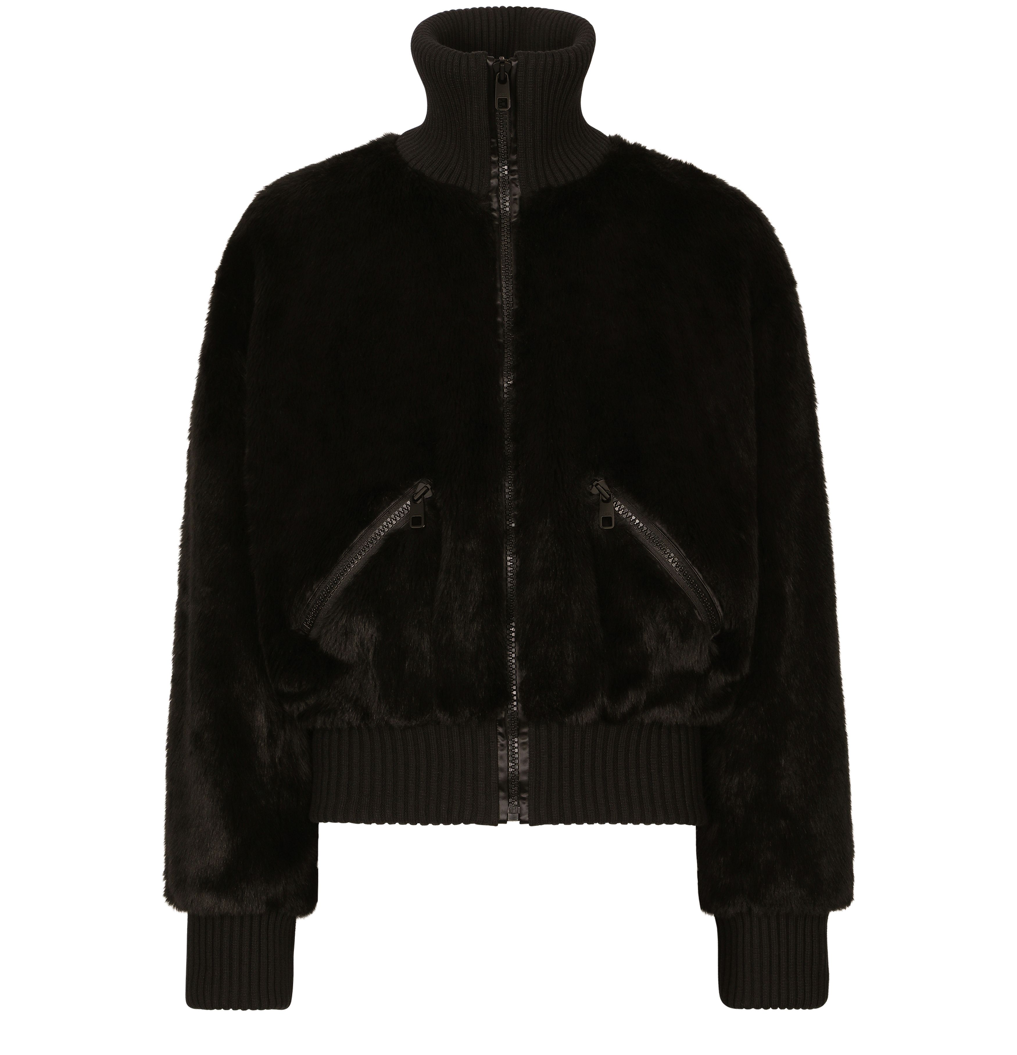 Dolce & Gabbana Faux Fur Jacket With Logo Plaque