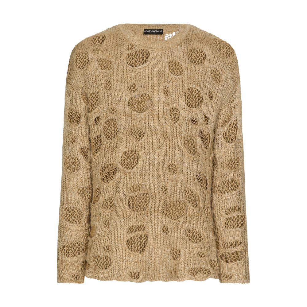 Dolce & Gabbana Linen and Silk Crewneck Sweater with Distressed Details