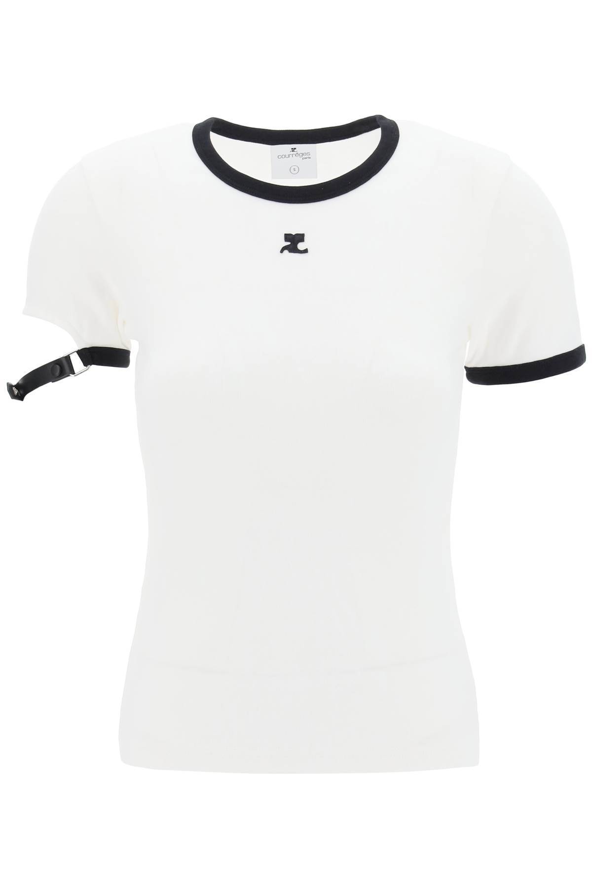 Courrèges COURREGES leather strap t-shirt with sleeve detail.