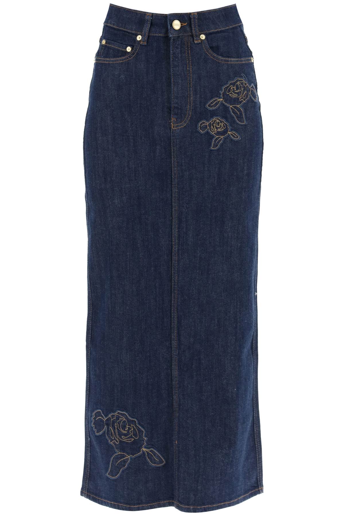 Ganni GANNI maxi denim skirt with pink embroidery