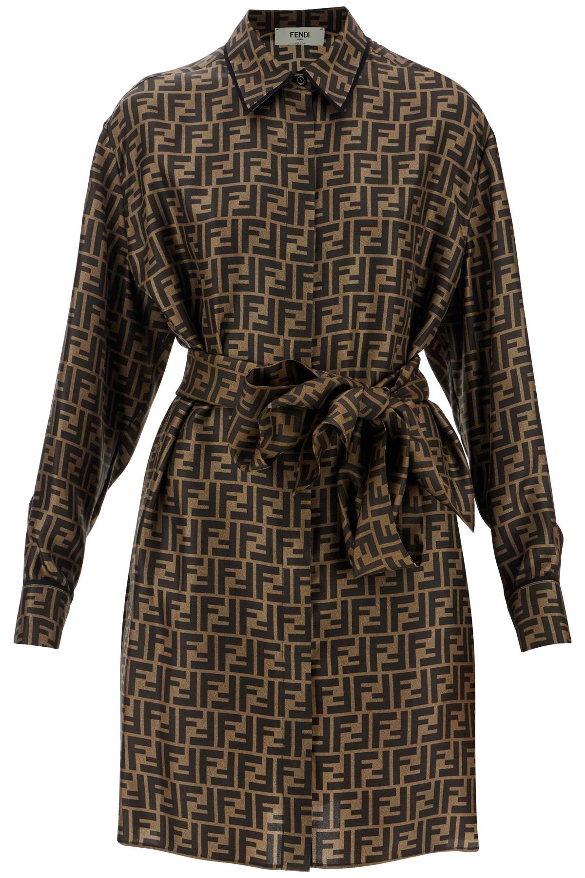 FENDI FENDI silk shirt dress with all-over logo