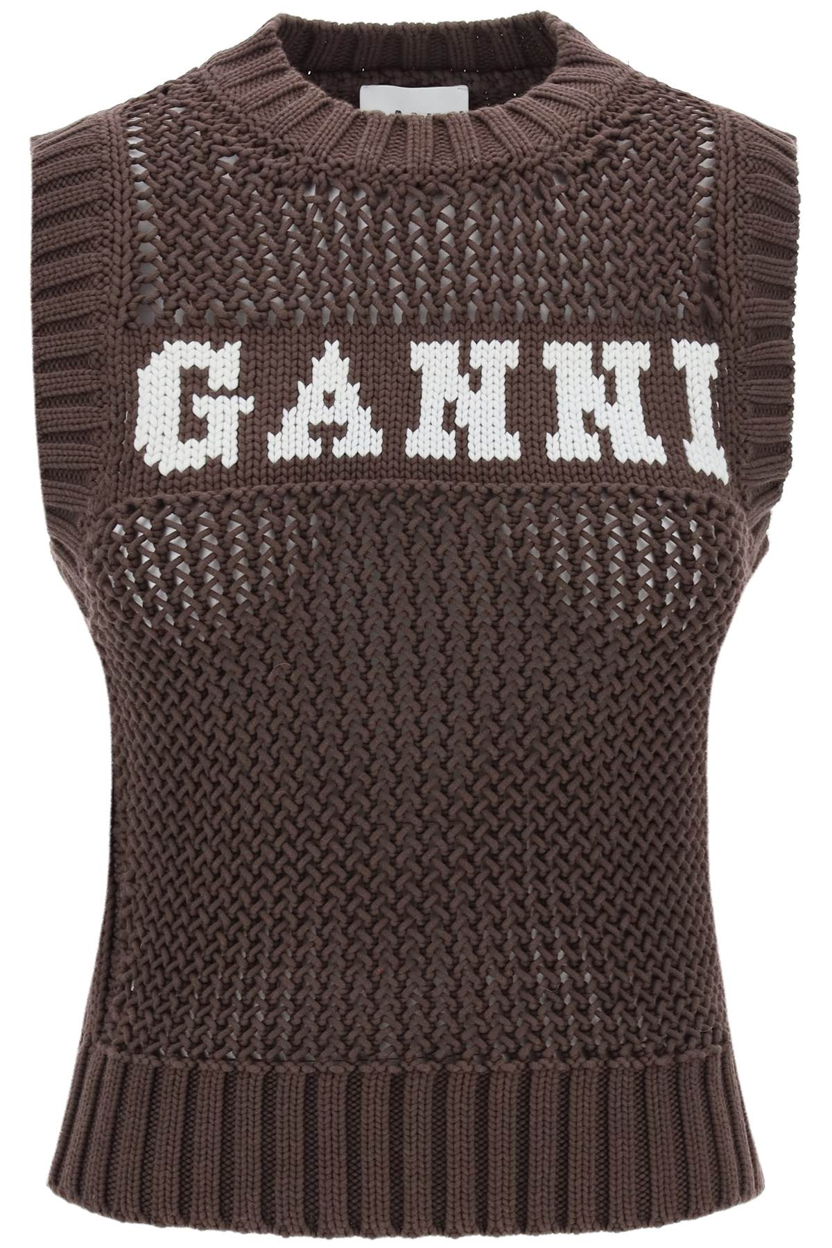 Ganni GANNI open-stitch knitted vest with logo