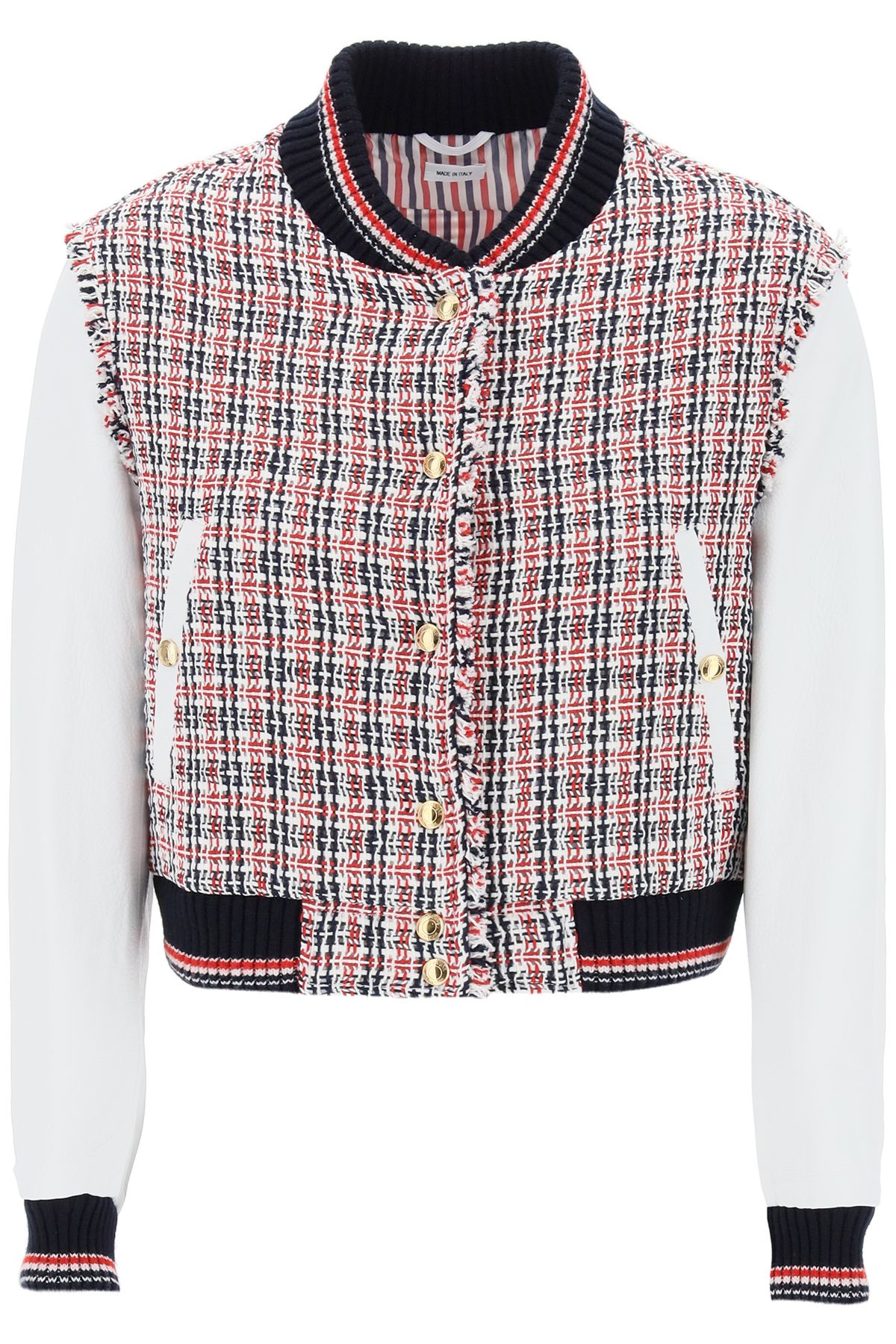 Thom Browne THOM BROWNE tweed bomber jacket with leather sleeves