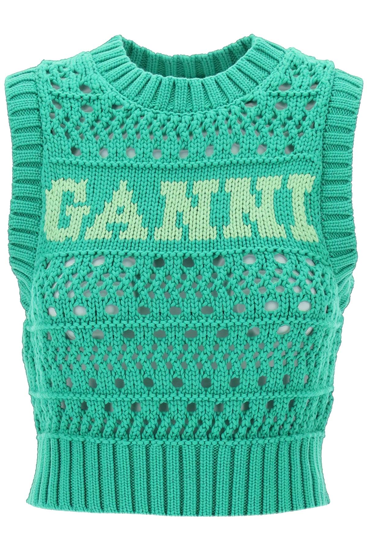 Ganni GANNI open-stitch knitted vest with logo