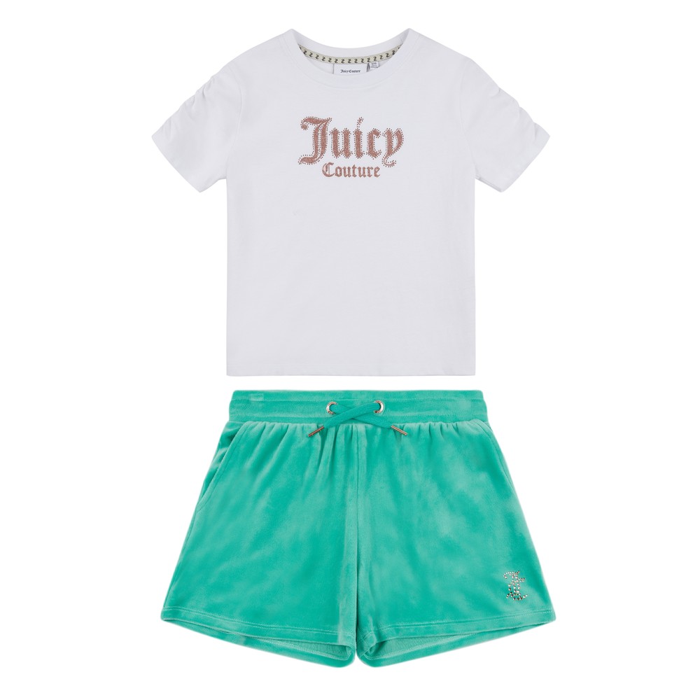 Juicy Couture Diamante Ruched Sleeve T Shirt & Short Set
