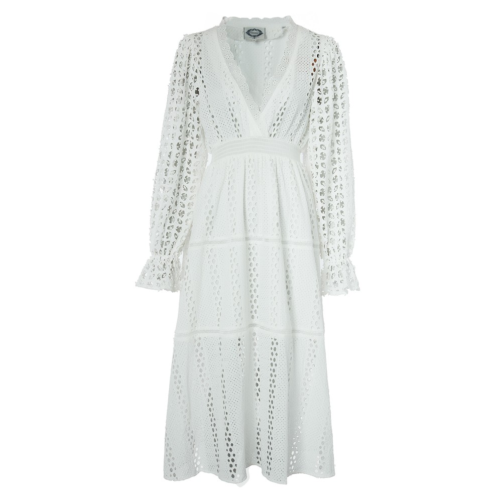 Holland Cooper Broderie Lace V Neck Midi Dress